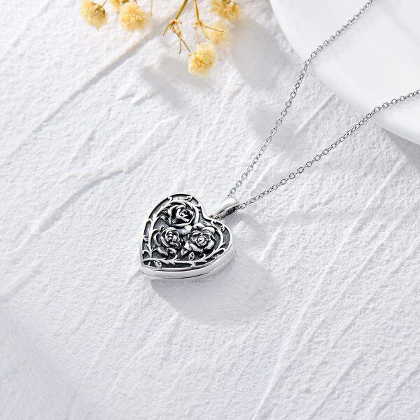 Sterling Silver Rose Heart Locket Necklace-4