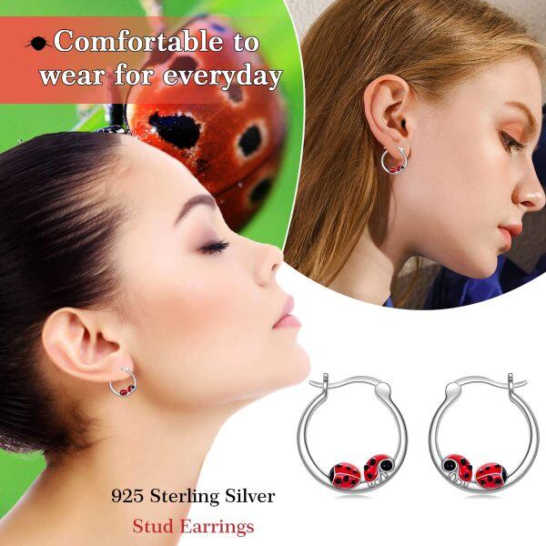 Sterling Silver Ladybug Hoop Earrings-2