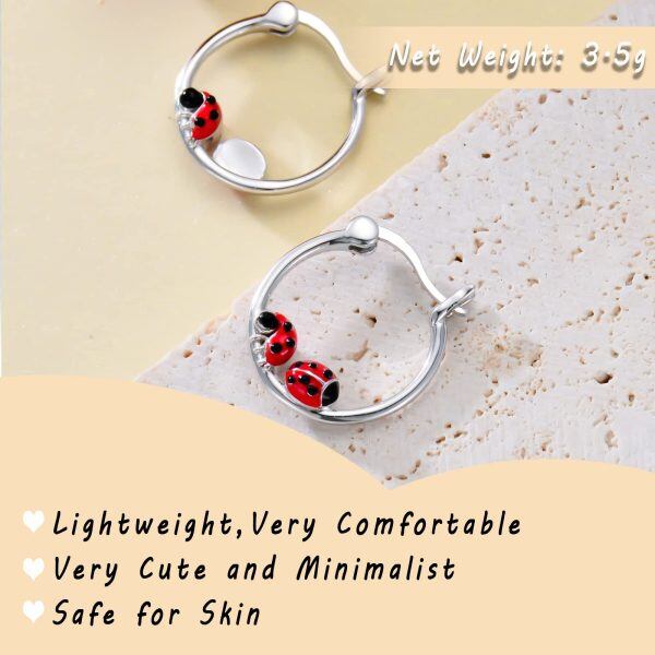 Sterling Silver Ladybug Hoop Earrings-3