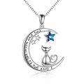wholesale 925 Sterling Silver Cat on Crescent Moon with Blue Crystal Stars Pendant Necklace for Girls-0-0