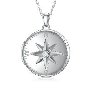 Sterling Silver Compass Photo Locket Necklace-0