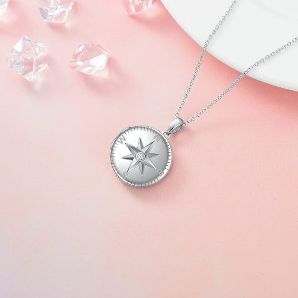 Sterling Silver Compass Photo Locket Necklace-3