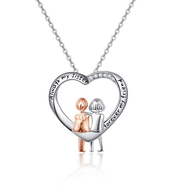 Sterling Silver Heart Sister Necklace-0