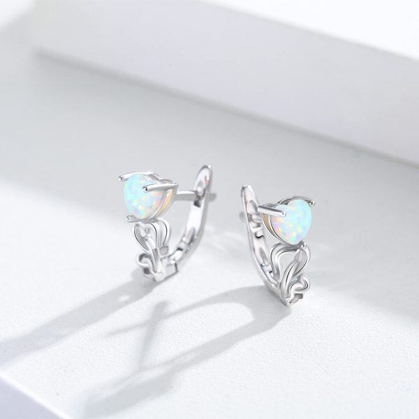 Sterling Silver Opal Heart Hoop Earrings-3