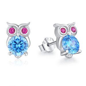 Sterling Silver Zircon Owl Stud Earrings-0