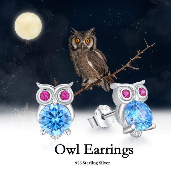 Sterling Silver Zircon Owl Stud Earrings-3