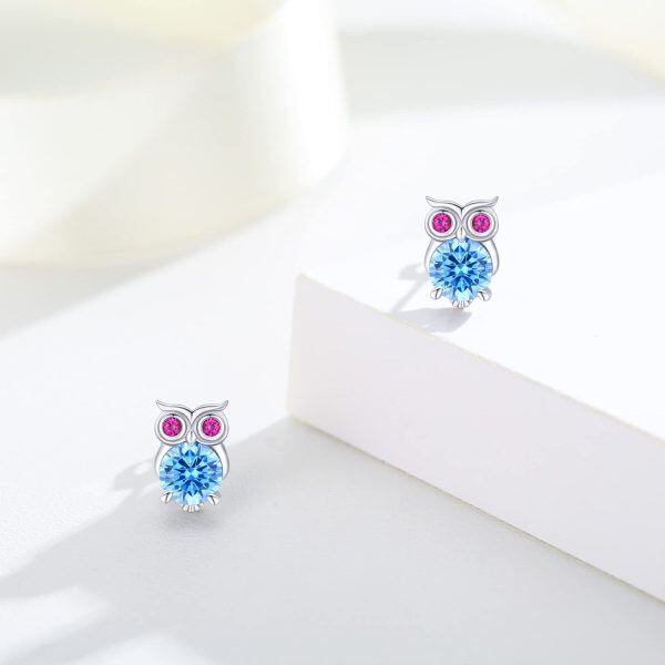 Sterling Silver Zircon Owl Stud Earrings-5