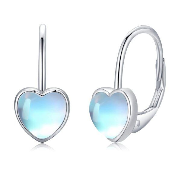 Sterling Silver Moonstone Heart Leverback Hoop Earrings-0