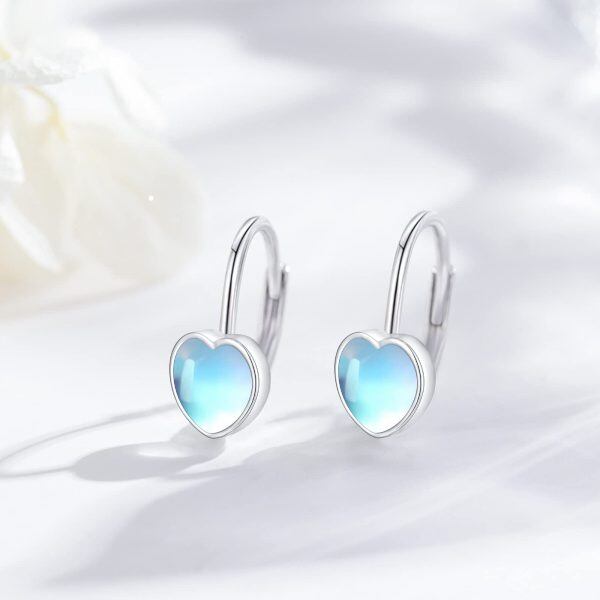 Sterling Silver Moonstone Heart Leverback Hoop Earrings-5