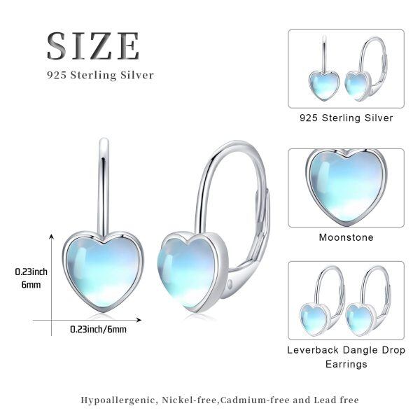 Sterling Silver Moonstone Heart Leverback Hoop Earrings-6