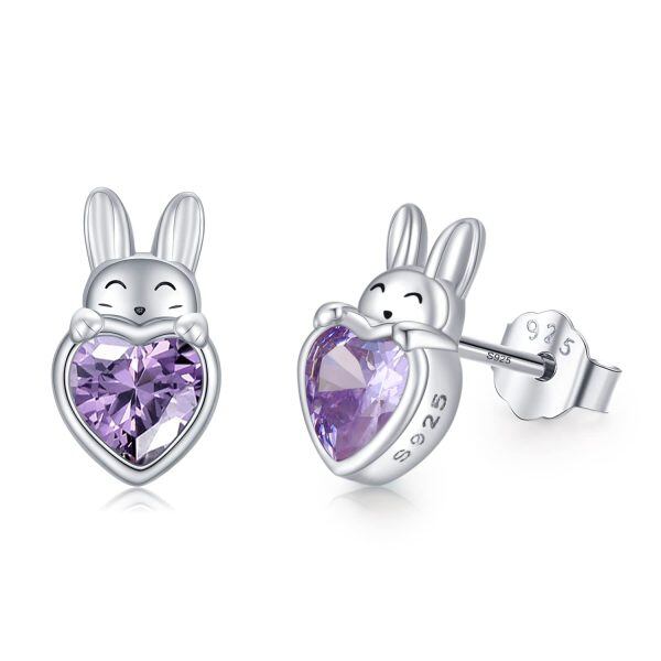 Sterling Silver Zircon Bunny Heart Stud Earrings-0