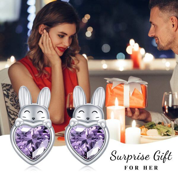 Sterling Silver Zircon Bunny Heart Stud Earrings-2