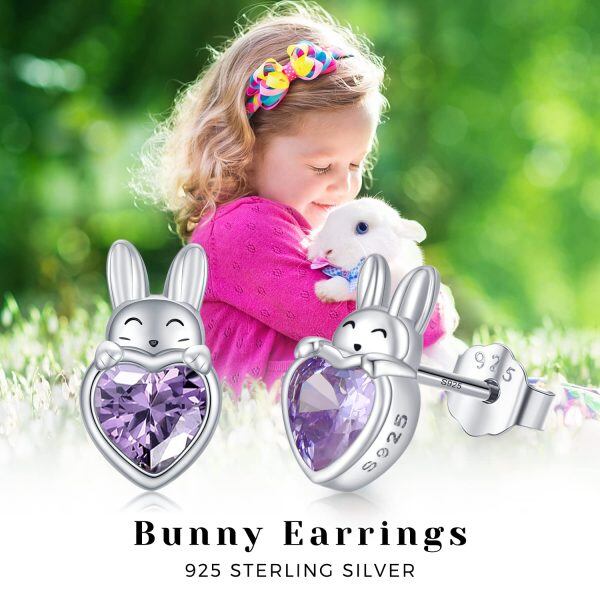 Sterling Silver Zircon Bunny Heart Stud Earrings-4