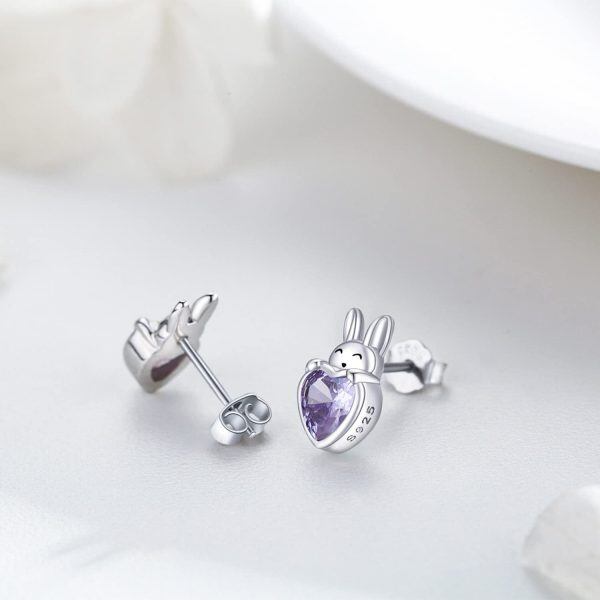 Sterling Silver Zircon Bunny Heart Stud Earrings-5