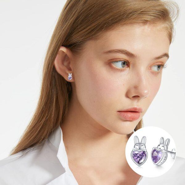 Sterling Silver Zircon Bunny Heart Stud Earrings-7