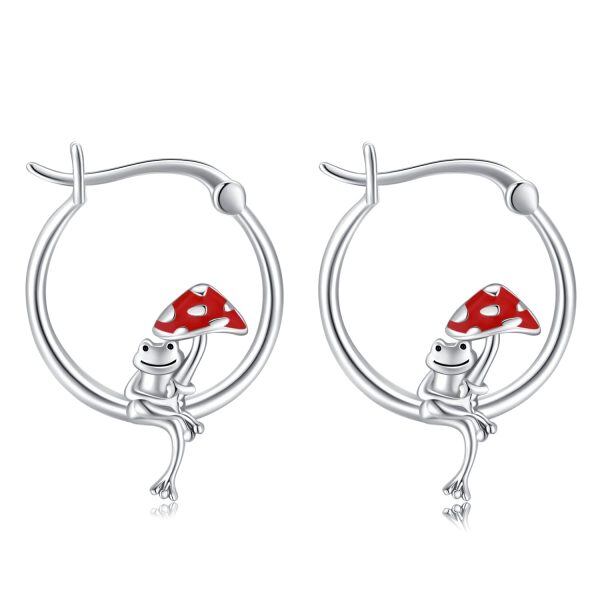 Sterling Silver Frog Mushroom Hoop Earrings-0