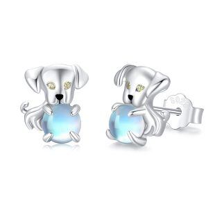 Sterling Silver Moonstone Dog Stud Earrings-0