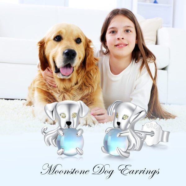 Sterling Silver Moonstone Dog Stud Earrings-4