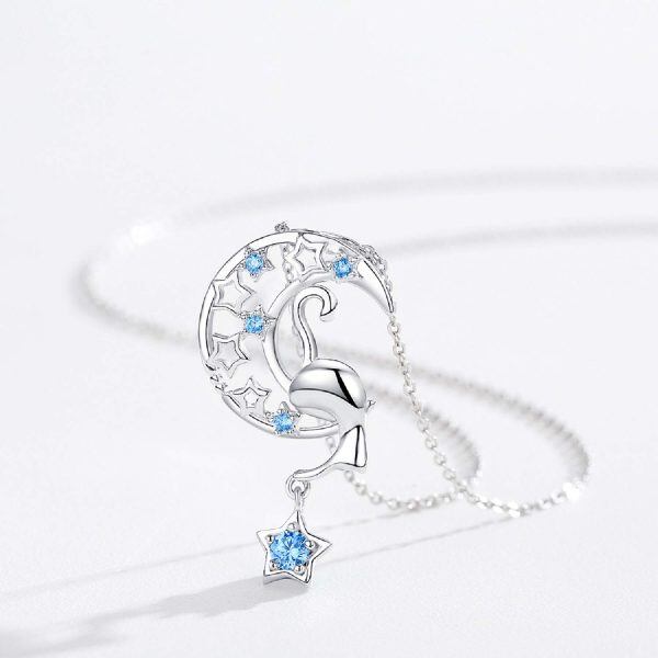 Sterling Silver Cat Moon Necklace-3