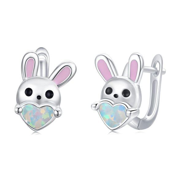 Sterling Silver Opal Bunny Hoop Earrings-0