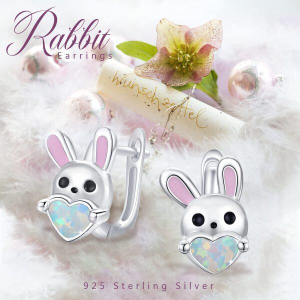 Sterling Silver Opal Bunny Hoop Earrings-5