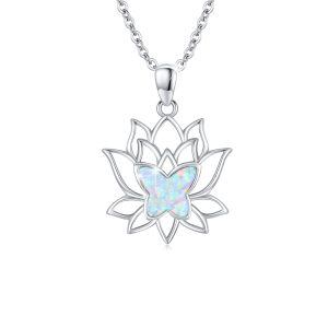 Sterling Silver Opal Lotus Butterfly Necklace-0