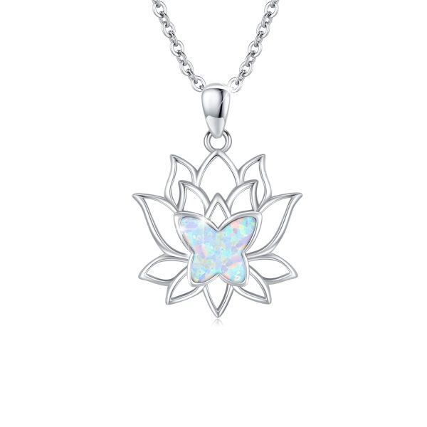 Sterling Silver Opal Lotus Butterfly Necklace-0