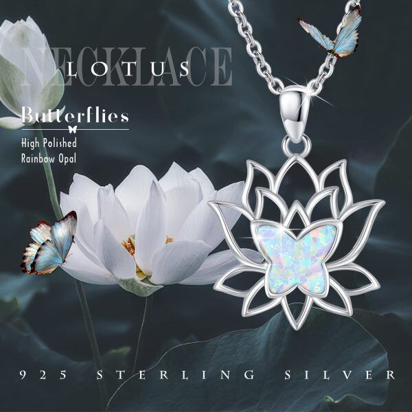 Sterling Silver Opal Lotus Butterfly Necklace-5