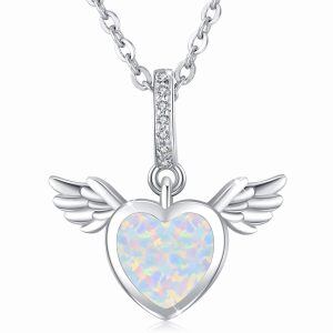 Sterling Silver Opal Heart Wings Necklace-0