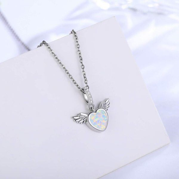 Sterling Silver Opal Heart Wings Necklace-1