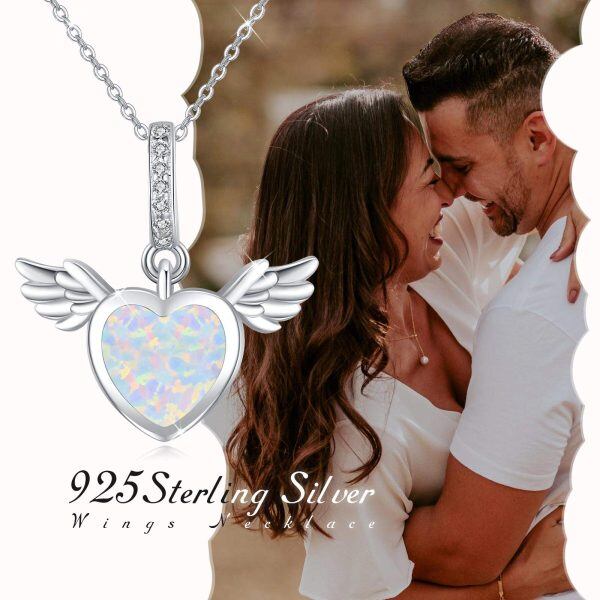 Sterling Silver Opal Heart Wings Necklace-5