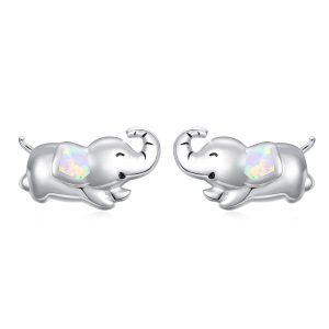 Sterling Silver Opal Elephant Stud Earrings-0