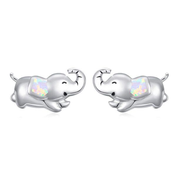 Sterling Silver Opal Elephant Stud Earrings-0