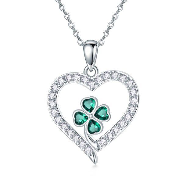 Sterling Silver Four Leaf Clover Heart Necklace-0