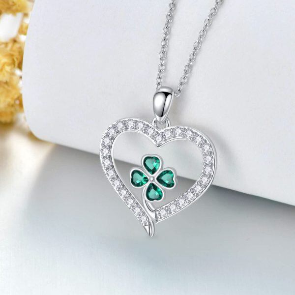 Sterling Silver Four Leaf Clover Heart Necklace-2