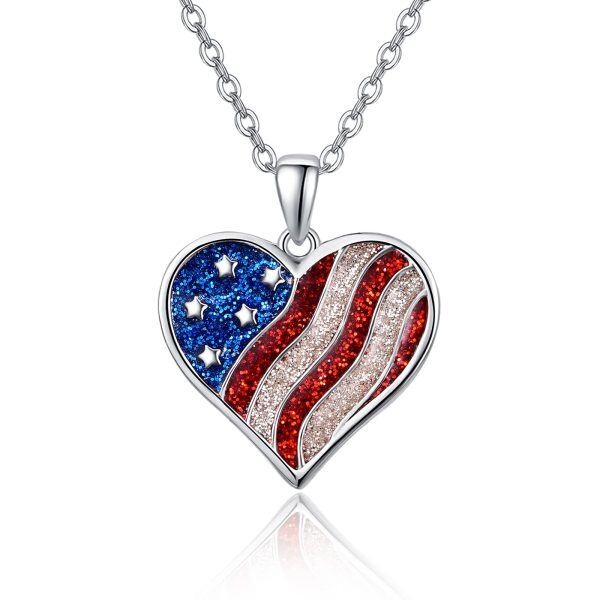 Sterling Silver Heart American Flag Necklace-0