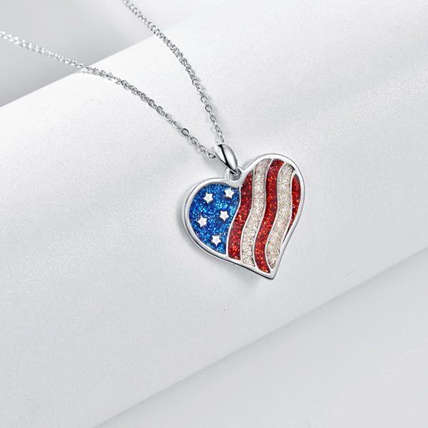 Sterling Silver Heart American Flag Necklace-1