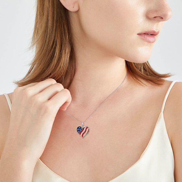 Sterling Silver Heart American Flag Necklace-3