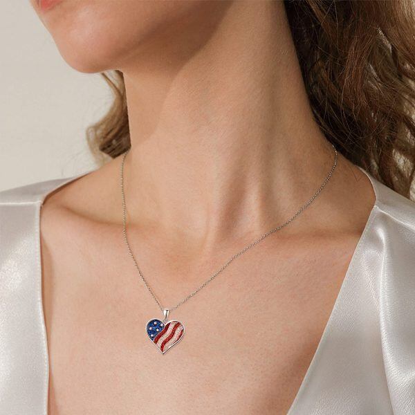 Sterling Silver Heart American Flag Necklace-4