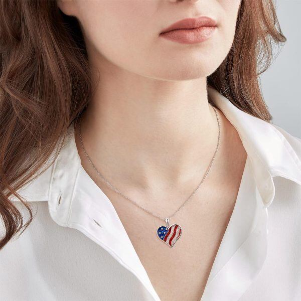 Sterling Silver Heart American Flag Necklace-5