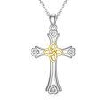 wholesale 925 Sterling Silver Celtic Heart Cross Pendant Necklace with Gold Accents and Cubic Zirconia Stones for Women-0-0