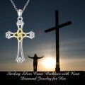 wholesale 925 Sterling Silver Celtic Heart Cross Pendant Necklace with Gold Accents and Cubic Zirconia Stones for Women-0-1