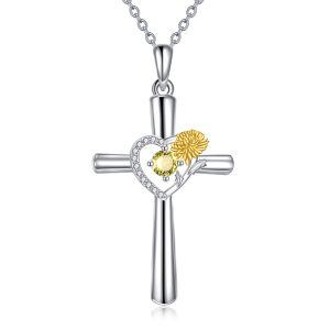 Sterling Silver Cross Heart Flower Necklace-0