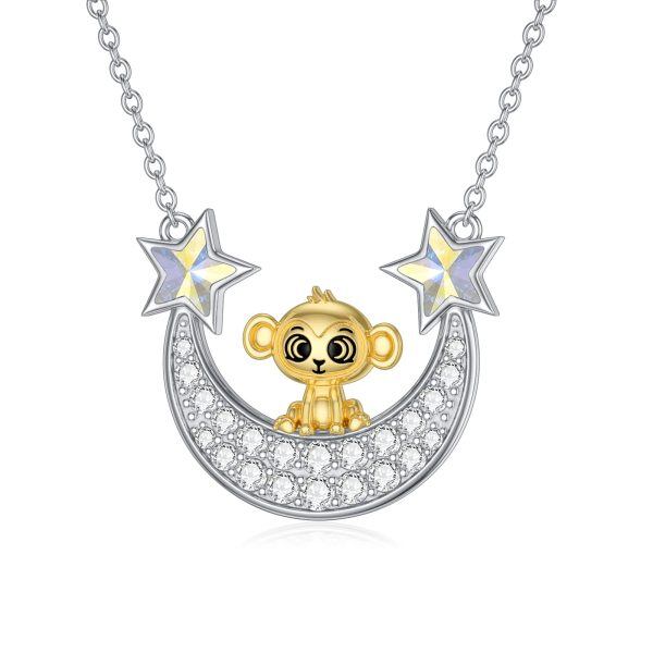 Sterling Silver Monkey Moon Star Necklace-0