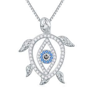 Sterling Silver Sea Turtle Evil Eye Pendant Necklace-0