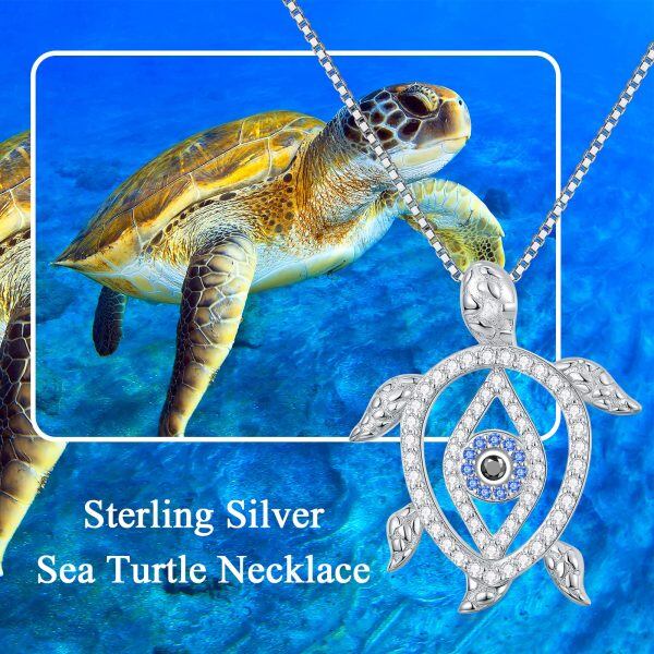 Sterling Silver Sea Turtle Evil Eye Pendant Necklace-2