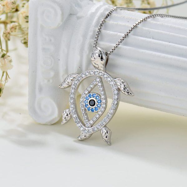 Sterling Silver Sea Turtle Evil Eye Pendant Necklace-4