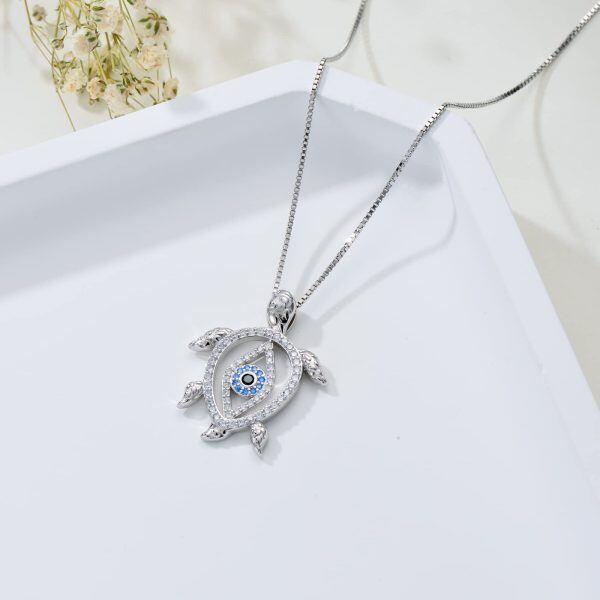 Sterling Silver Sea Turtle Evil Eye Pendant Necklace-5