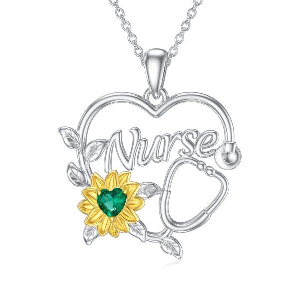 Sterling Silver Stethoscope Sunflower Heart Necklace-0