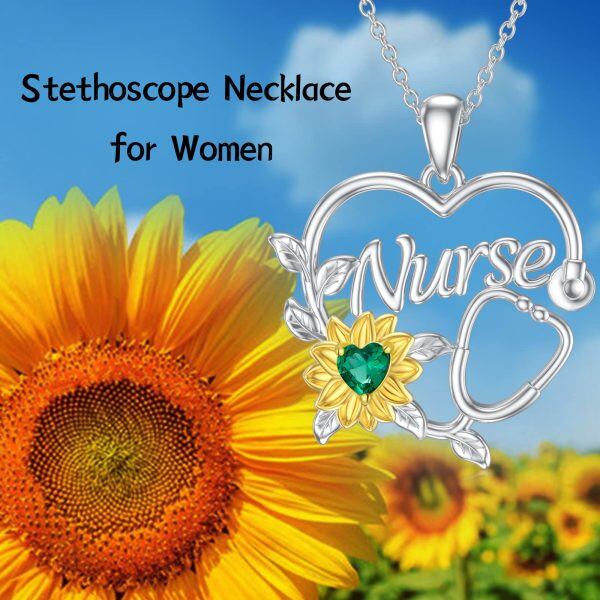 Sterling Silver Stethoscope Sunflower Heart Necklace-3